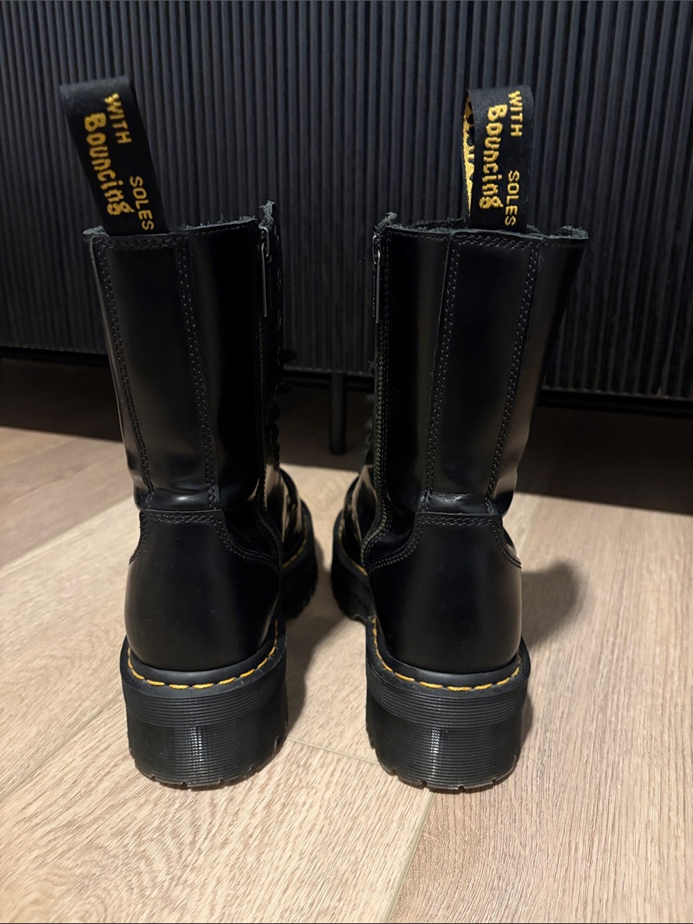 Dr. Martens Black Leather Platform Lace-Up Boots with Yellow Stitching - Picture 3 of 8
